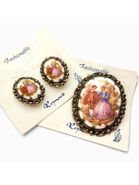 Vintage Fragonard West Germany Sugar Cabochon Brooch & Clip-On Earrings Set